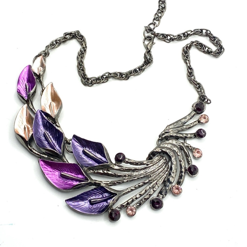 Gunmetal Gray Purple Lavender Floral Statement Necklace